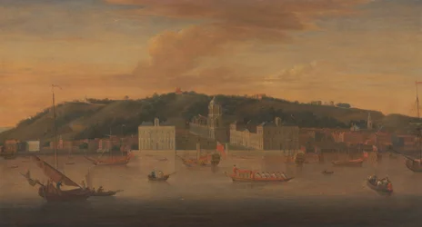 Widok na Greenwich z rzeki z wieloma łodziami